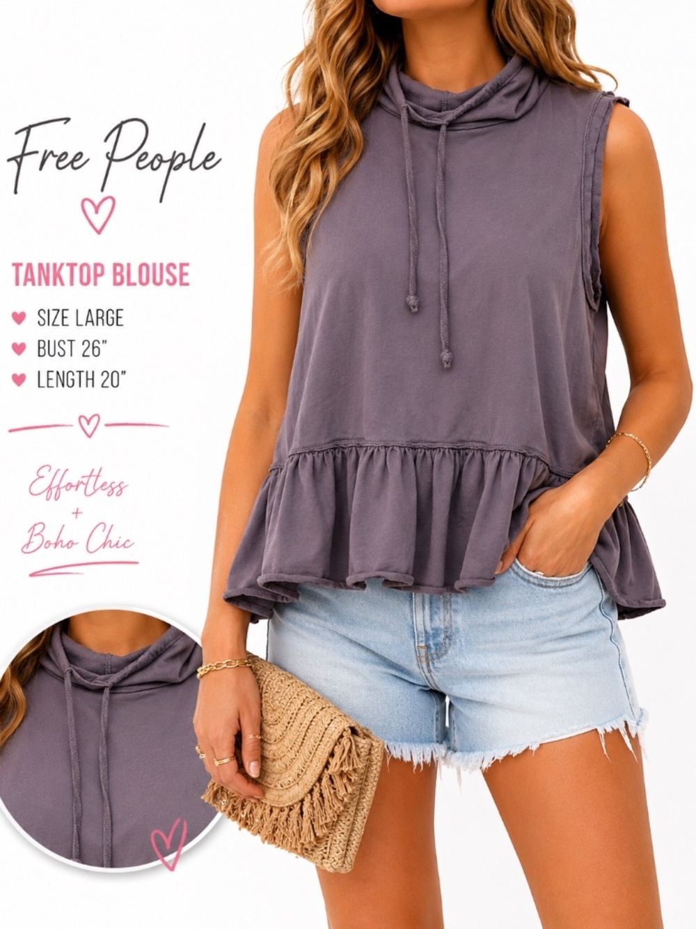 Free People We The Free Sleeveless Ruffle Hem Tank Top Large Gray Boho - Picture 2 of 8